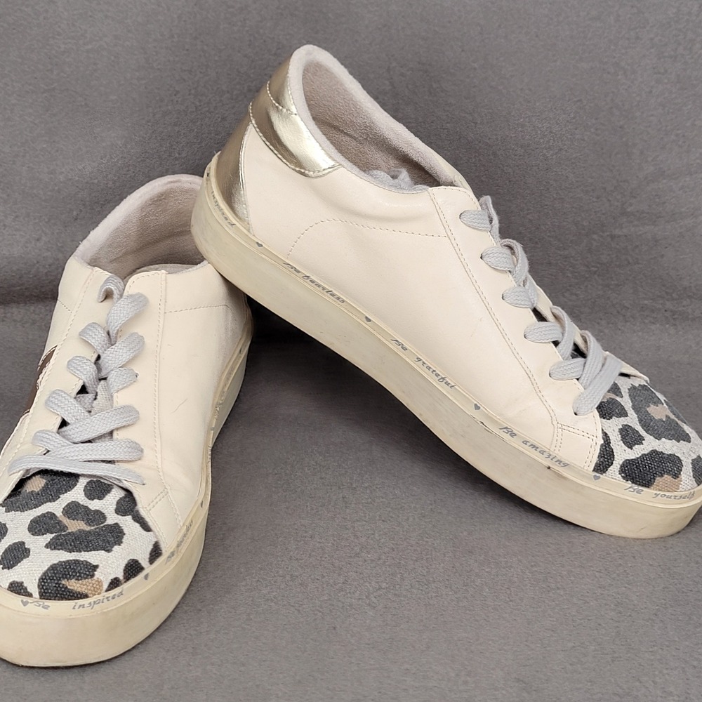 Cream Leopard Print Star Platform Sneakers with Inspirational Quotes Gold Trim